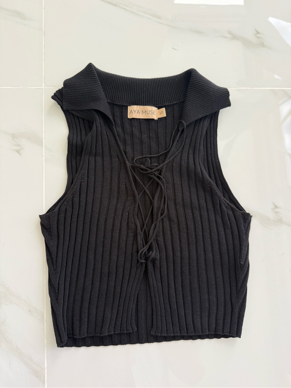 AYA MUSE Black Ribbed Lace-Up Collared Tank